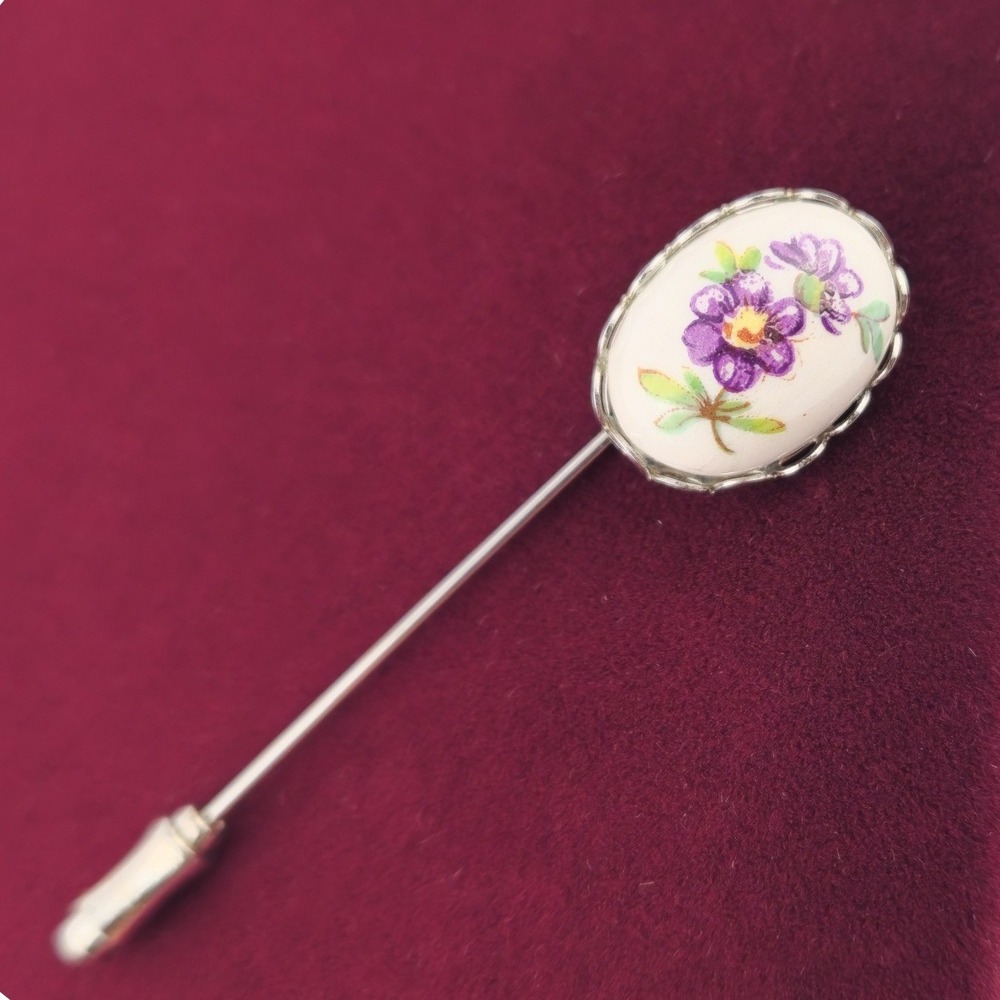 Vintage‎ Floral Porcelain Stick Pin Purple Violet Hand Painted Silver Tone